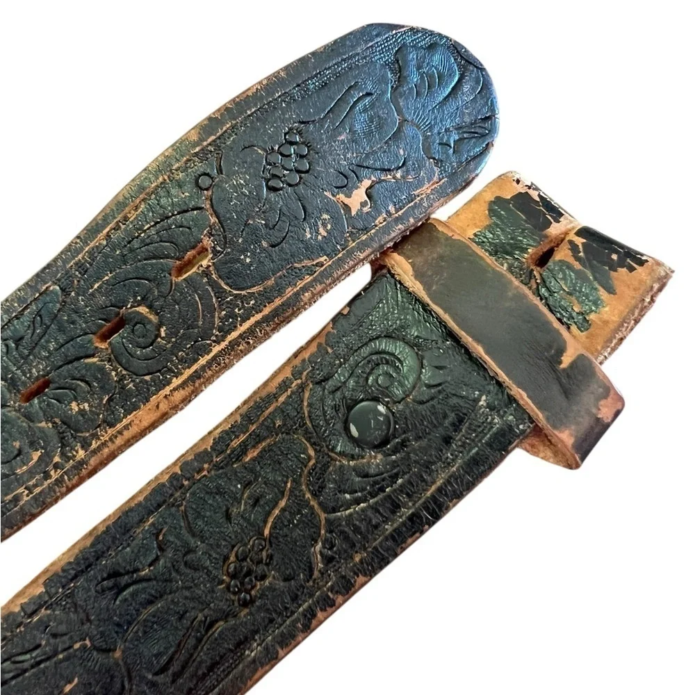 Vintage Black Genuine Leather Tooled Western Style Belt Distressed Supple